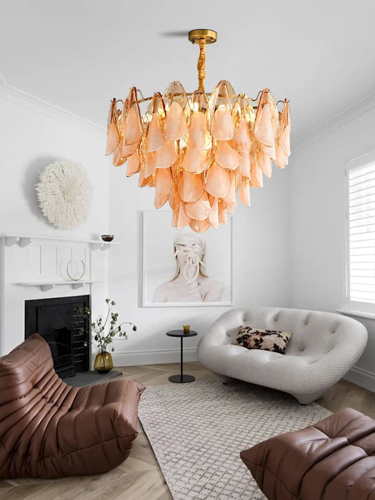 [Ambra Dorata] Gold Amber Glass Petal Chandelier Dimmable