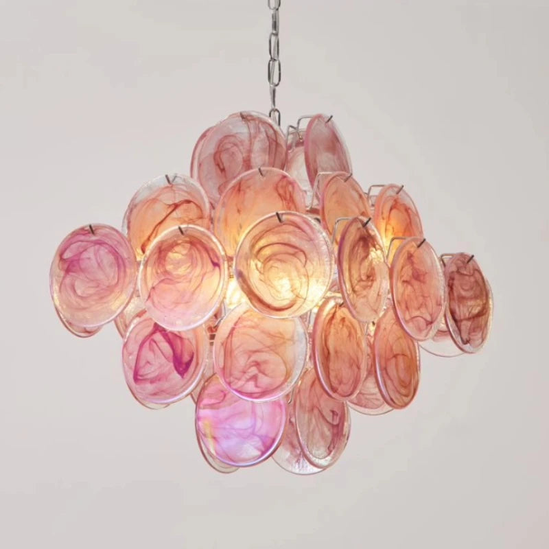 [Ellie] Pink Murano Disc Chandelier Handmade Glass