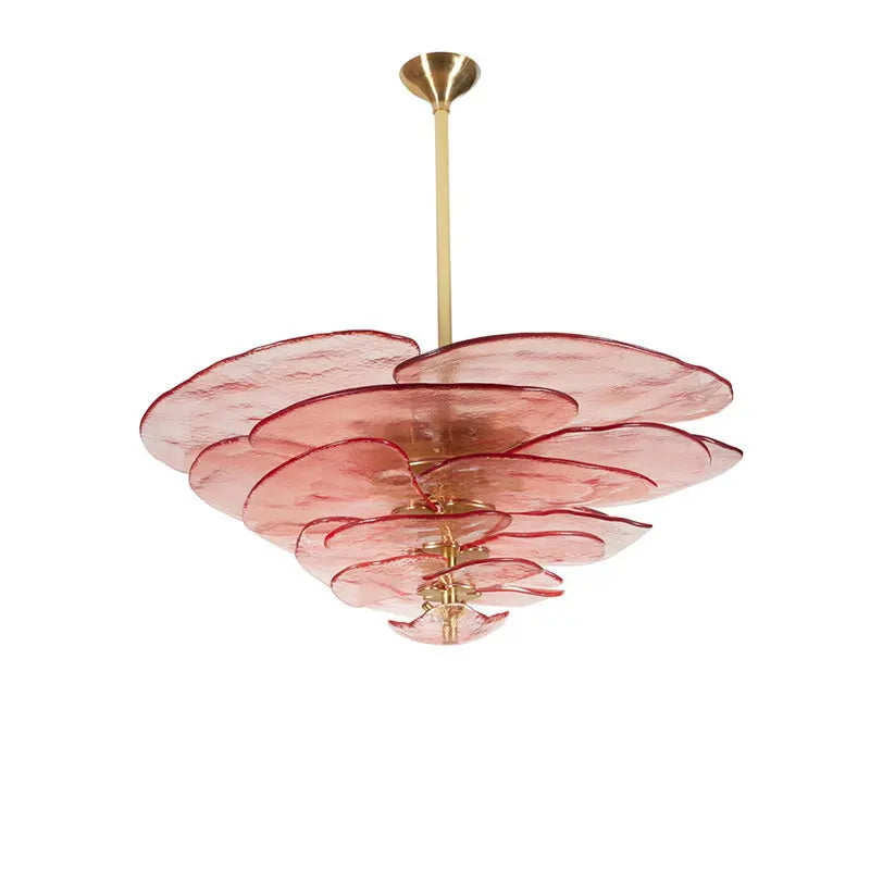 Pink glass chandelier with gold accents on a white background