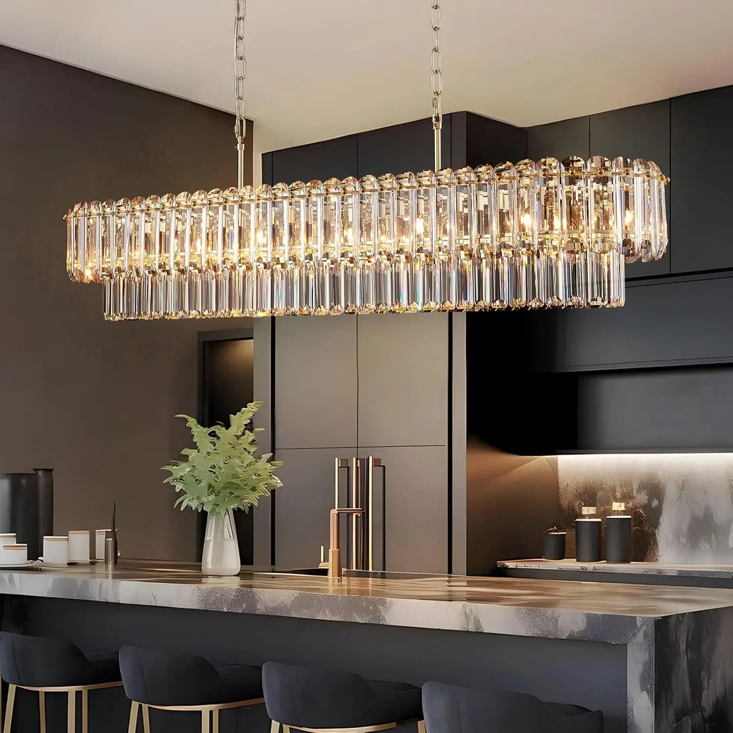 [Rettangolo] Gold Crystal Chandelier Rectangle Luxury