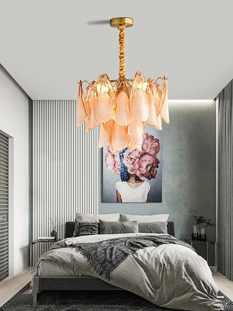 [Ambra Dorata] Gold Amber Glass Petal Chandelier Dimmable