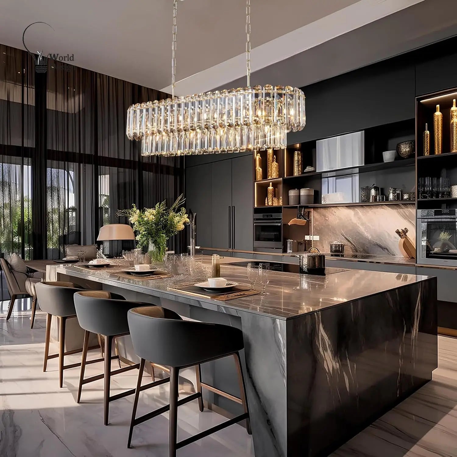 [Rettangolo] Gold Crystal Chandelier Rectangle Luxury