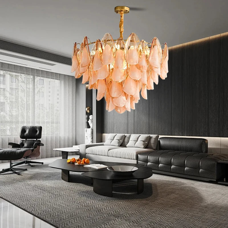 [Ambra Dorata] Gold Amber Glass Petal Chandelier Dimmable