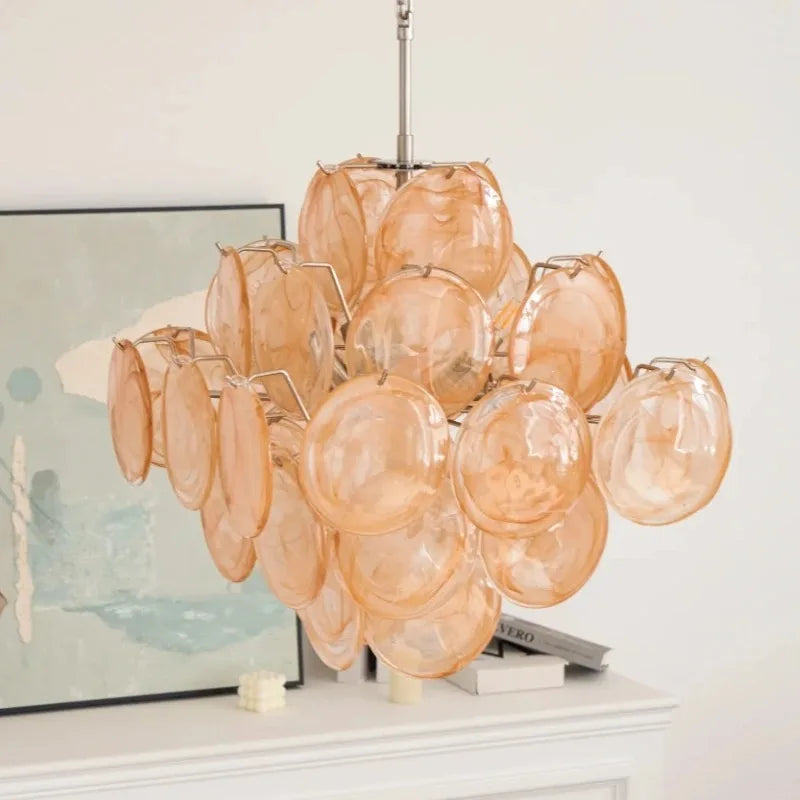 [Ellie] Pink Murano Disc Chandelier Handmade Glass