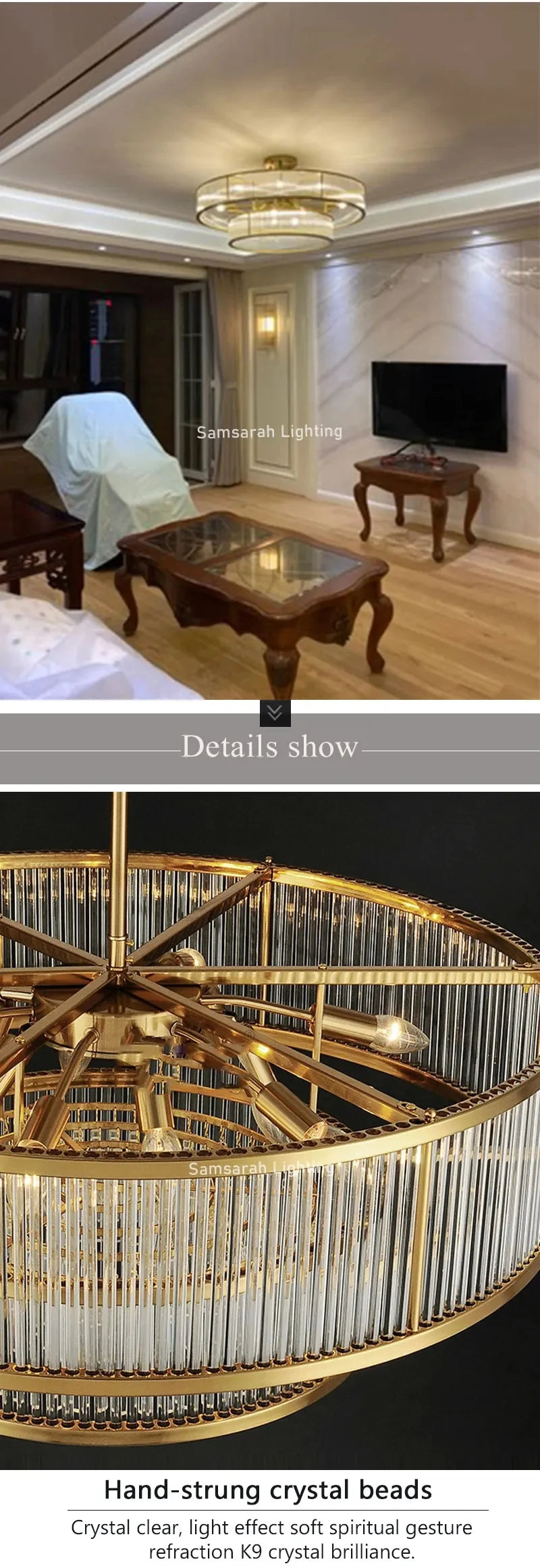 [Radiance] Copper Crystal Chandelier Golden Round