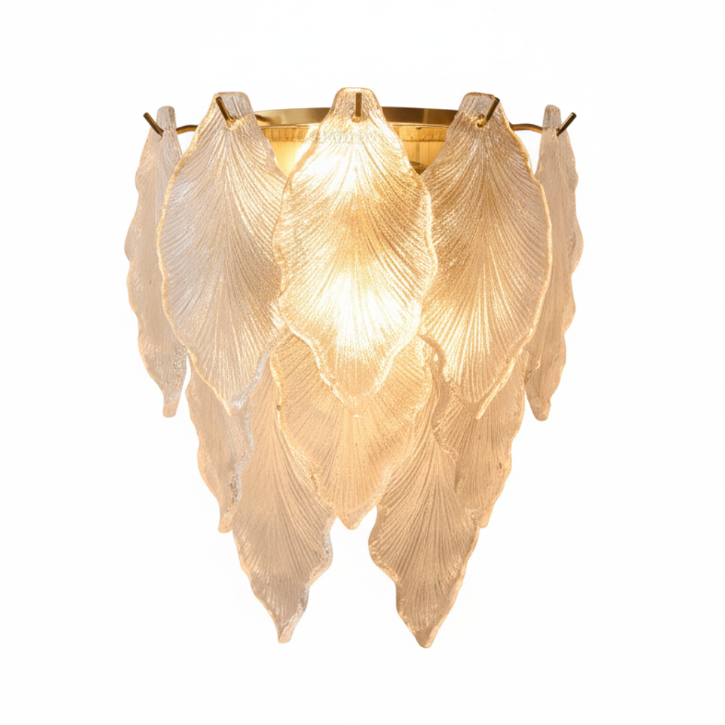 Decorative wall light fixture with leaf-like design on a white background
